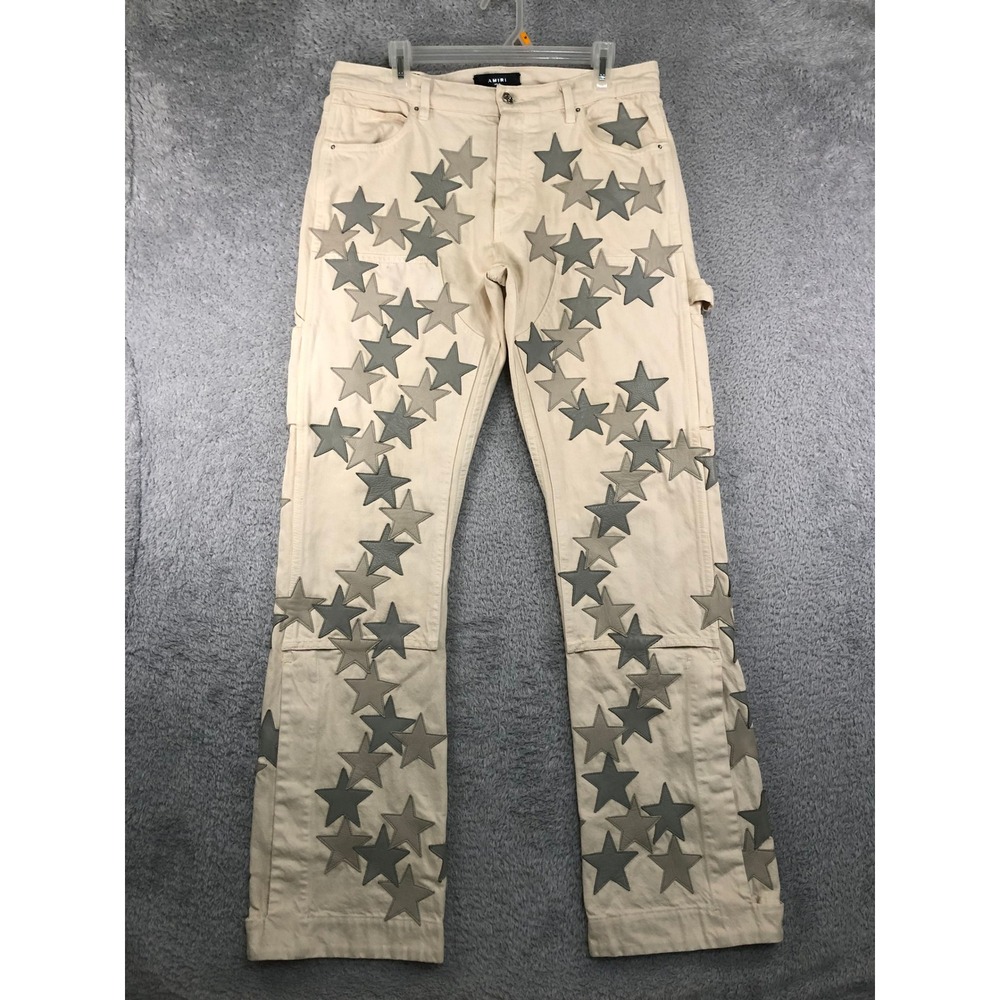 AMIRI Chemist Jeans Mens 33x34 (Tag 31) Cream Carpenter Leather Star *Flaw